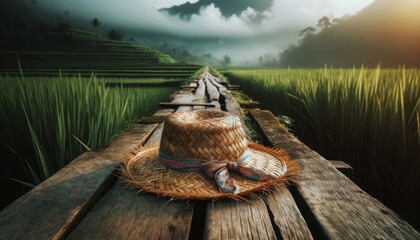 A close-up view of a worn-out straw hat with a colorful ribbon, lying on the weathered planks of a wooden pathway.