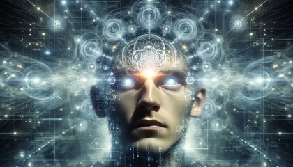 A person in a state of deep focus, with eyes emitting a subtle glow, surrounded by a halo of intricate fractal patterns and quantum bits.