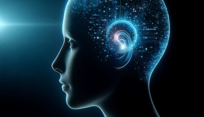 Obraz premium The silhouette of a person's head with a neural link interface around the ear, with a stream of binary code flowing into the ear canal.