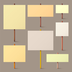 Blank colorful protest sign with wooden holder. Realistic vector demonstration banner. Strike action cardboard placard mockup