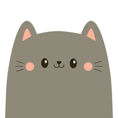 Cute gray cat face silhouette icon. Cartoon kawaii baby character. Funny kitten head. Pet animal. Pink ears, cheeks. Happy Valentines day love card. Sticker print. Flat design. White background Vector