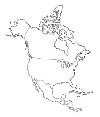 North America continent outline map with country border. Hand drawn illustration.