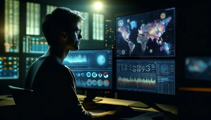 Fototapeta premium An image of a data scientist in a darkened room, focused intently on dual monitors in front of them.