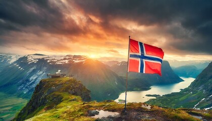 The Flag of Norway On The Mountain.
