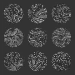 Topographic map with contour lines. Geographic terrain grid, relief height elevation. Ground path pattern. Travel and navigation, cartography design element. Vector illustration