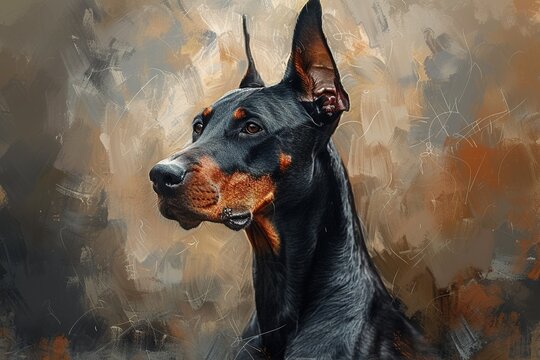 closeup portrait Doberman pinscher dog portrait on oil painting background