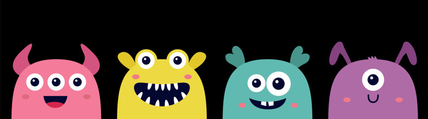 Obraz premium Happy Halloween. Monster icon set line. Cute colorful silhouette face head. Eyes, tongue, fang tooth. Cartoon kawaii scary funny boo baby character. Childish style. Black background Flat design Vector