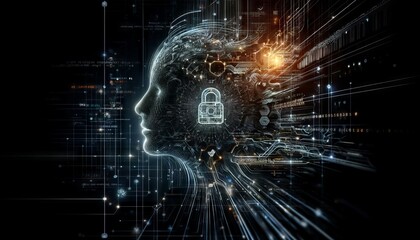 An abstract digital human profile emerging from a complex web of security firewalls and encryption codes, showcasing the strength of cyber security.