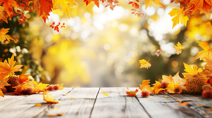 Naklejka na ściany i meble Autumn scenic with wooden cover, maple leaves