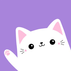 Cute white cat in the corner waving hand. Funny kitten face head. Cartoon kawaii baby character. Pet animal. Pink ears, paw print. Valentines day. Sticker print. Flat design. Violet background. Vector