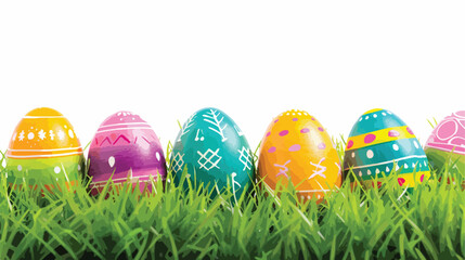 Fototapeta na wymiar Colorful Easter eggs rest on vibrant green grass agai