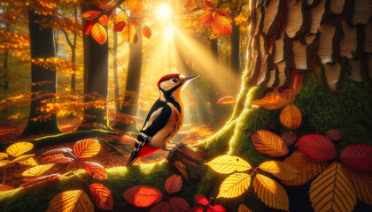 Autumn's Serenade: A Woodpecker's Moment in the Sunlit Forest Splendor - 786925797