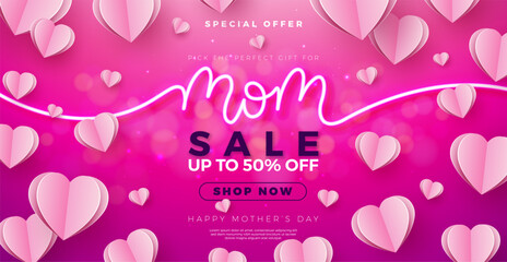 Mother's Day Sale Banner Design with Paper Hearts and Glowing Neon Light Lettering on Pink Background. Vector Seasonal Discount Offer Illustration with Typography for Voucher, Online Ads, Flyer