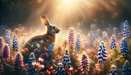 Morning Majesty: A Hare Enthralled by the Sparkling Dew and Sunrise Glow - 786925988