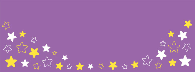 Yellow, white star sparkle set. Frame decoration border template. Flying paper stars sparkles line banner. Happy Valentines Day. Love greeting card. Violet background. Flat design. Vector