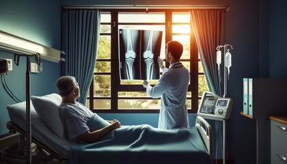 The scene features an orthopedic surgeon holding a knee X-ray up to the window in a patient's room.