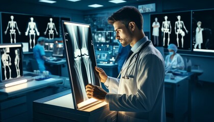 A detailed image of an orthopedic surgeon in a well-lit hospital radiology unit, intently examining a luminescent knee joint X-ray film against a mode.