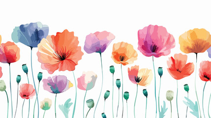 Colorful poppy flowers watercolor illustration flat vector - obrazy, fototapety, plakaty