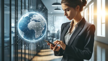 A businesswoman checking analytics on her smartphone with a holographic projection of a globe and network connections coming from the device.