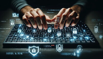A close-up of hands typing on a futuristic keyboard with glowing cyber security icons and encrypted code floating above the keys, symbolizing the prot.
