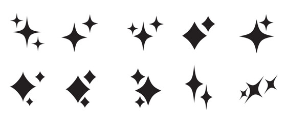 Twinkle star shape symbols. Minimalist silhouette stars icon. Modern geometric elements, shining star icons, abstract sparkle black silhouettes symbol vector set. Used in web , templates in eps 10. - obrazy, fototapety, plakaty