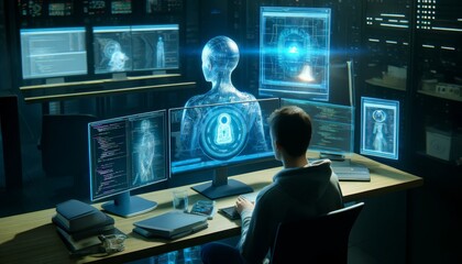 An over-the-shoulder view of a programmer at a workstation with multiple monitors displaying artificial intelligence algorithms, with a holographic AI.