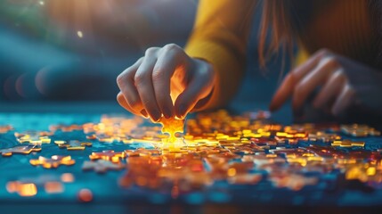 Closeup hand of woman connecting jigsaw puzzle with sunlight effect