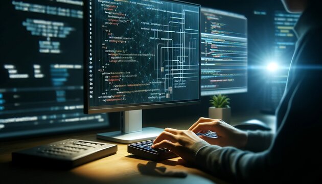 A screen showing a sophisticated code editor with lines of code in various colors, with a background of a digital interface indicating a version contr.