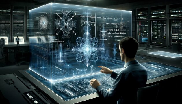A researcher examining complex quantum computing equations on a transparent digital board, with qubit and entanglement visualizations in the foregroun.