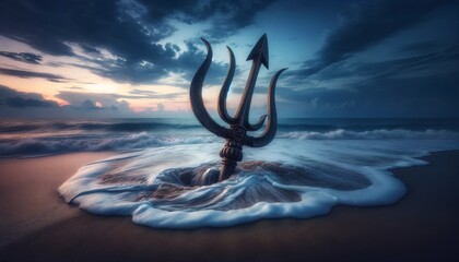 The trident embedded in a sandy beach as the tide comes in, with foamy waves lapping at its base under a twilight sky.