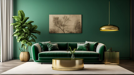 a neutral living room with green walls and a green couch, interior background green lamp cushion home trendy brick furniture couch design room white ,Interior with Green Sofa 