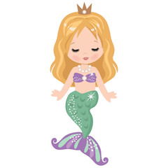 Cute sitting mermaid girl vector cartoon illustration