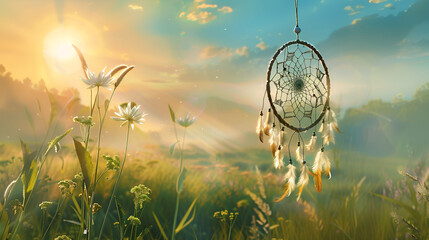 Beautiful dream catcher on nature background with lights, Dream catcher with feathers in the sunlight, A dream catcher, hanging from a twig, with the evening sun, warm and nostalgic background - obrazy, fototapety, plakaty