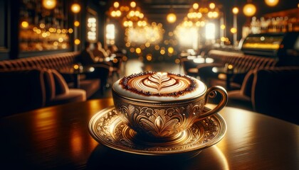 Close-up image of a luxurious barista-crafted cappuccino in an ornate cup, with the foam on top artistically swirled.