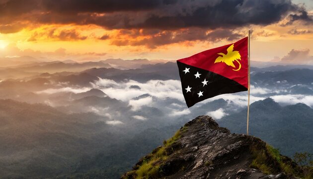 The Flag of Papua New Guinea On The Mountain.