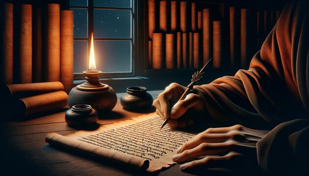 A vignette focusing on the hands of a scribe writing on a piece of papyrus with a stylus, the pot of ink beside him.