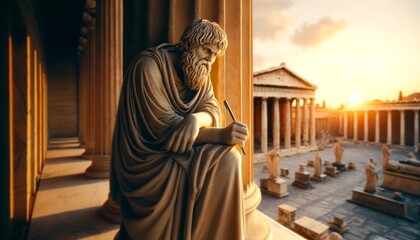 A sage figure leans on a marble column, holding a stylus, with a pensive look on his face as the sunset bathes an ancient Greek agora in a golden ligh.