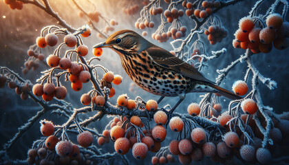 Winter's Bounty: A Thrush Delights in Frosted Berries Amidst the Dawn - 786926958