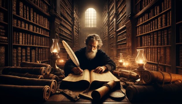 In a library filled with scrolls and tomes, a wise man sits with a feather quill in hand, poised over a large, open manuscript.