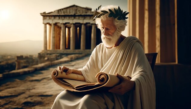 An elderly man in classical Greek attire, a toga and a wreath of laurel leaves, sits in a contemplative pose with an open scroll on his lap.