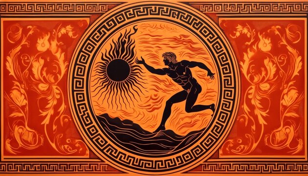 An ancient Greek pottery style image, depicting Prometheus reaching towards the sun, stealing a fiery ember to bring down to humanity.
