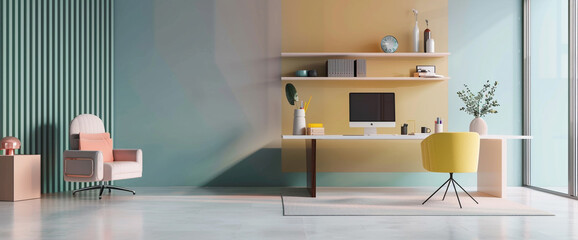 A minimalist study room with a serene palette of soft pastels and pops of vibrant color, accented...
