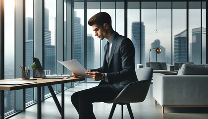 A young entrepreneur in a modern office space, looking at financial documents on a laptop, with a panoramic city view through large windows in the bac.