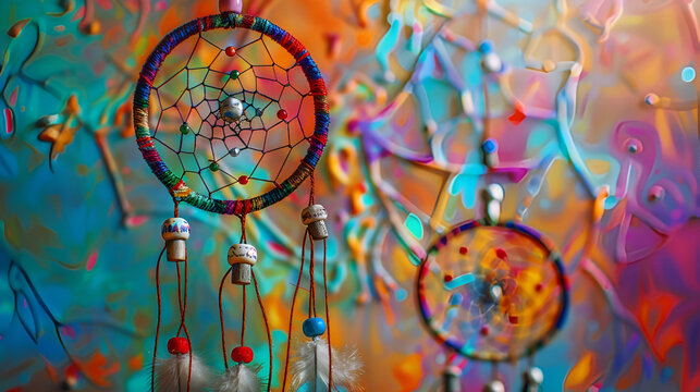 Dream catcher and abstract bokeh background, Beautiful dreamcatcher on c0lourful background,  Colorful dreamcatcher on green summer tree in park 