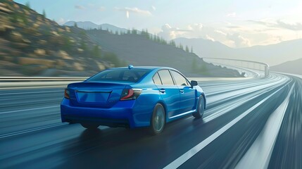 Fototapeta premium Dynamic Blue Car Speeding Down Highway with Motion Blur and Mountains in Background. Perfect for Advertising and Transportation Themes. AI