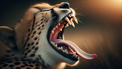 An image capturing the contrast between a cheetah’s sharply pointed teeth and its soft tongue, as it yawns after a restful sleep.