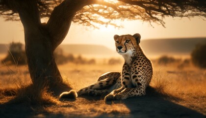 A tranquil image of a cheetah resting under the shade of an acacia tree in the savannah.