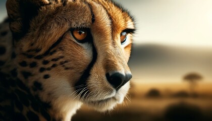 A close-up of a cheetah's face, with an intense gaze as it spots potential prey.