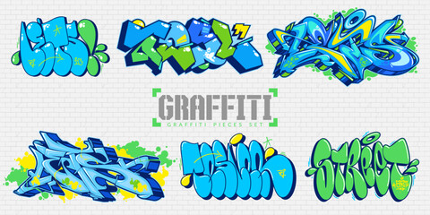 Trendy Abstract Colorful Urban Graffiti Style Street Art Lettering Vector Illustration Set