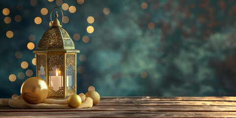 Ramadan Kareem: Golden Lantern on Wooden Table. Ideal Background for Banners, Posters, Copy Space